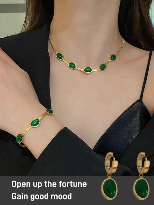 Emerald Necklace, Earrings And Bracelet