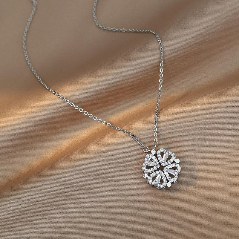 Magnetic Folding Heart Shaped Four Leaf Clover Pendant Necklace For Women